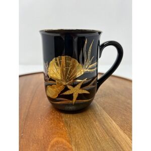 Set of two Black Ceramic Mug Gold Seashell Starfish Nautical Beach Theme
